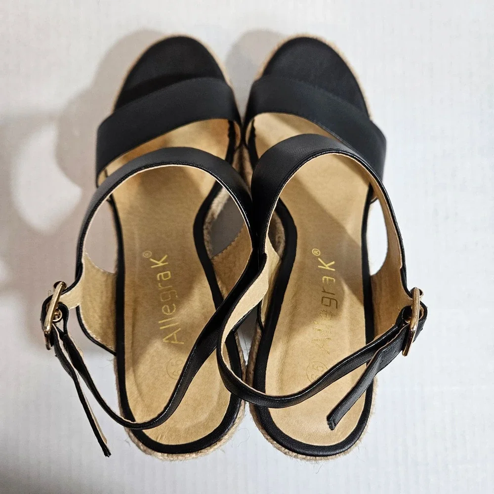 Allegra K Black Strappy Platform Jute Wedge Espadrille Sandals‎ Size 6.5